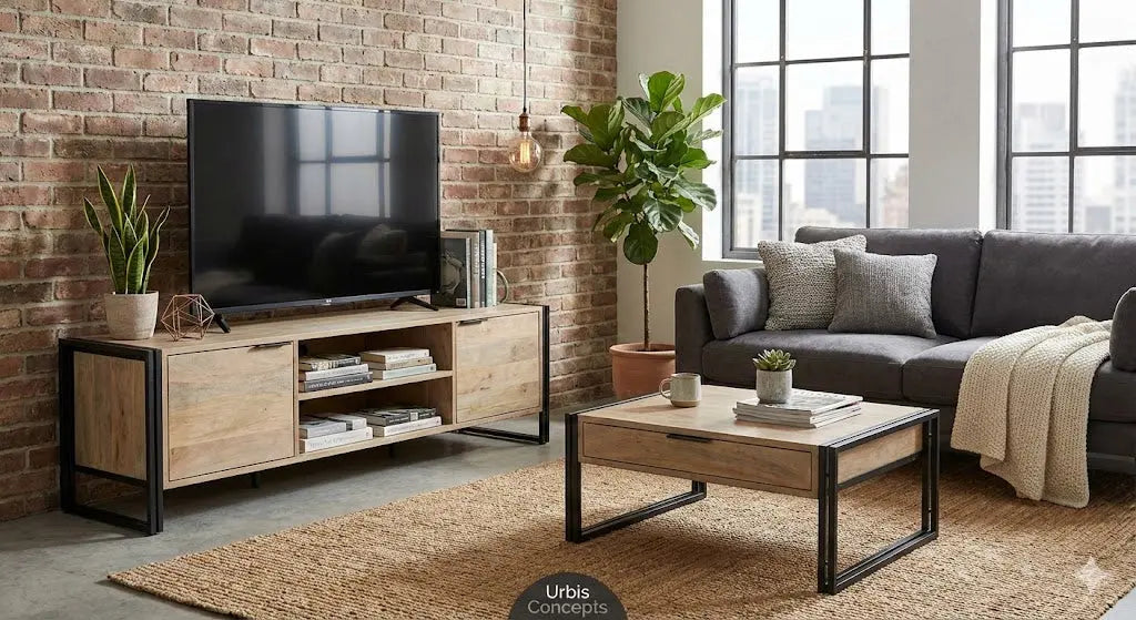Modern industrial living room featuring a mango wood TV cabinet and blackened iron shelving.