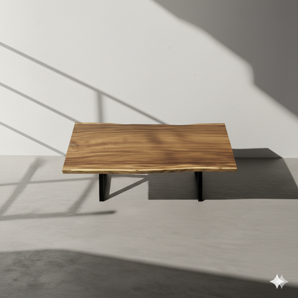 Wooden table with a modern design on a minimalistic background