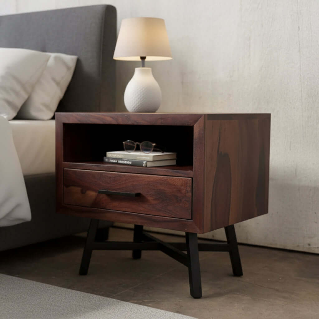 solid wood side table with metal legs