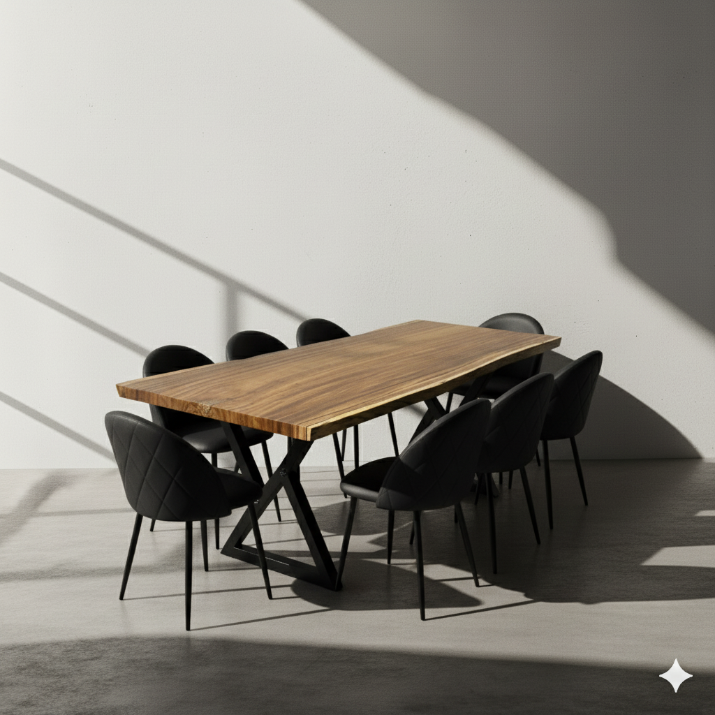 Wooden dining table with black chairs in a minimalistic setting