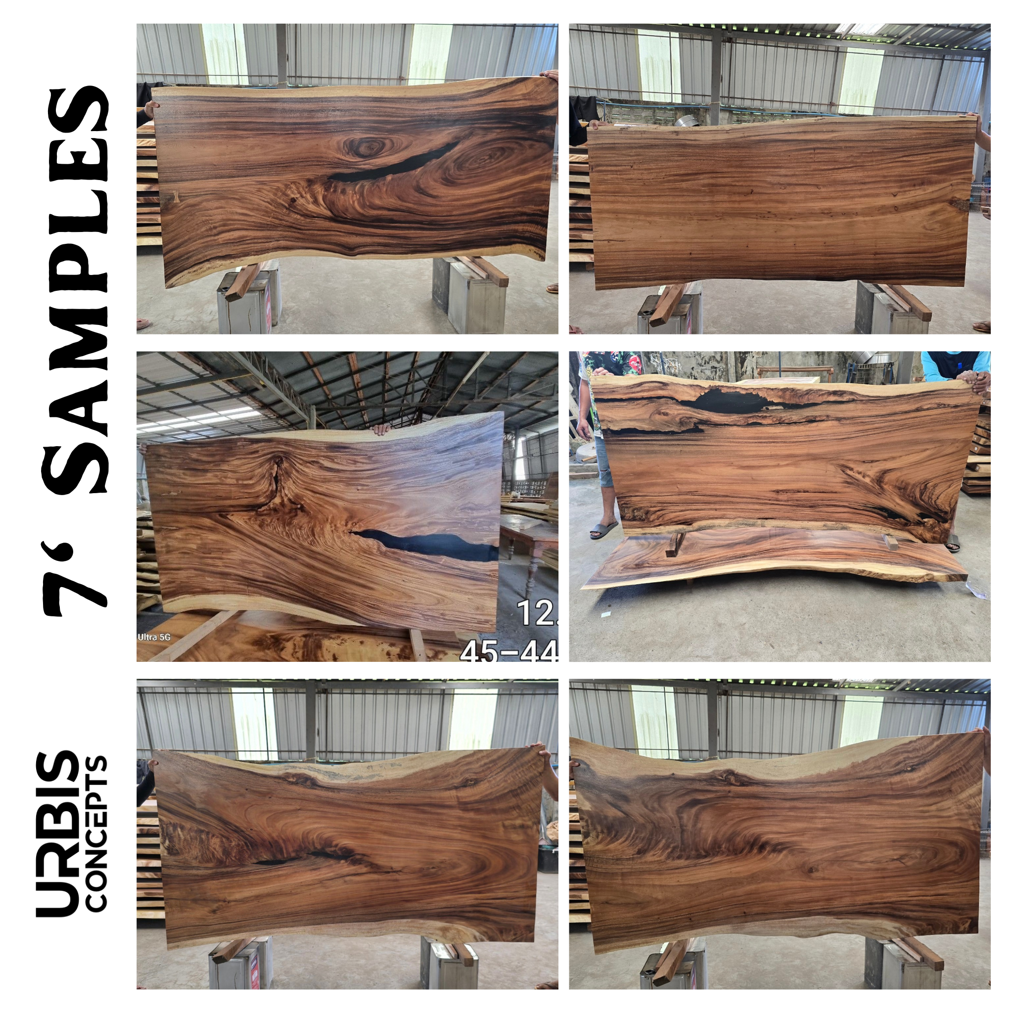 Collage of seven wooden slabs with 'URBIS CONCEPTS' branding on a white background.