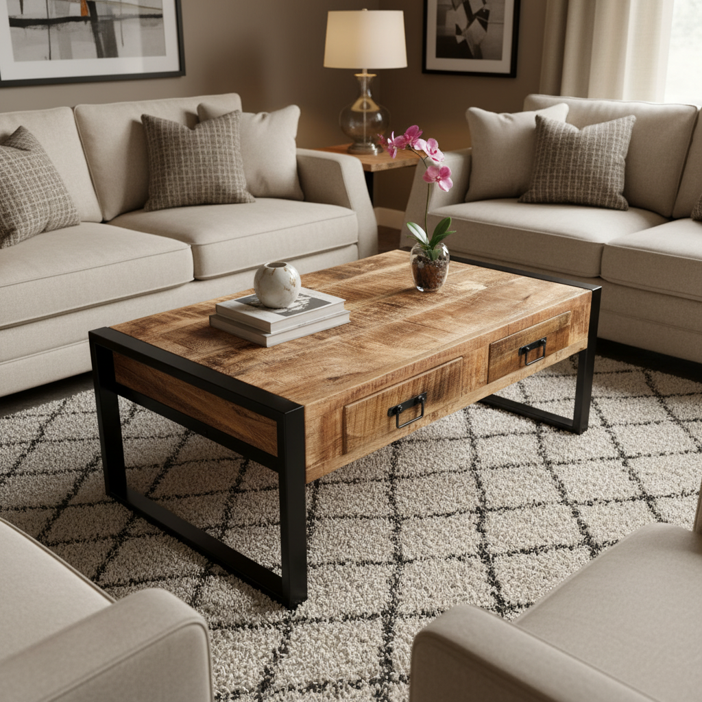 Marwar Loft Coffee Table — Double Drawer — 43″ (Lightwash)