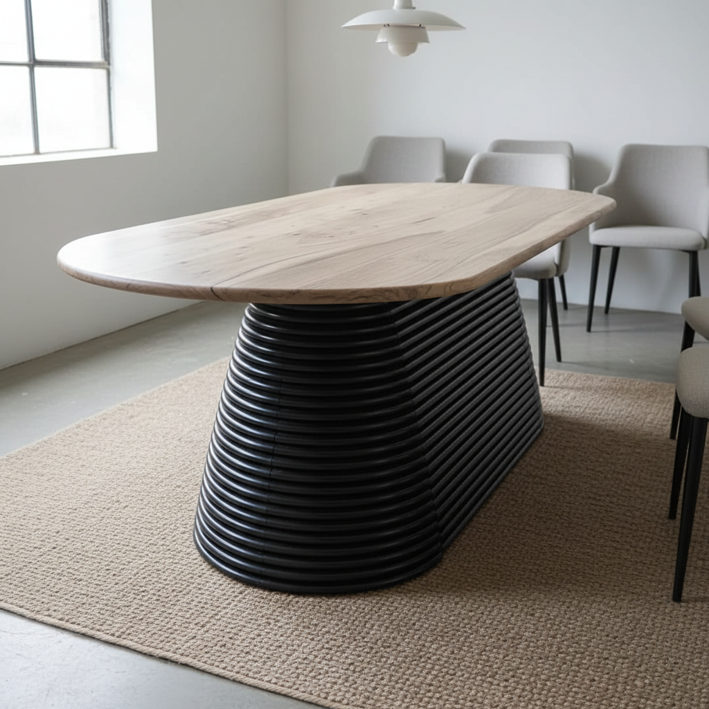 Strata oval dining table 78 inch in dune finish made from solid acacia wood installed in home