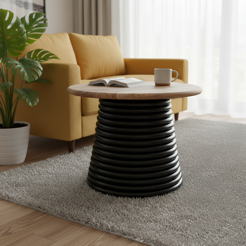 Modern side table with black ribbed base in a living room setting