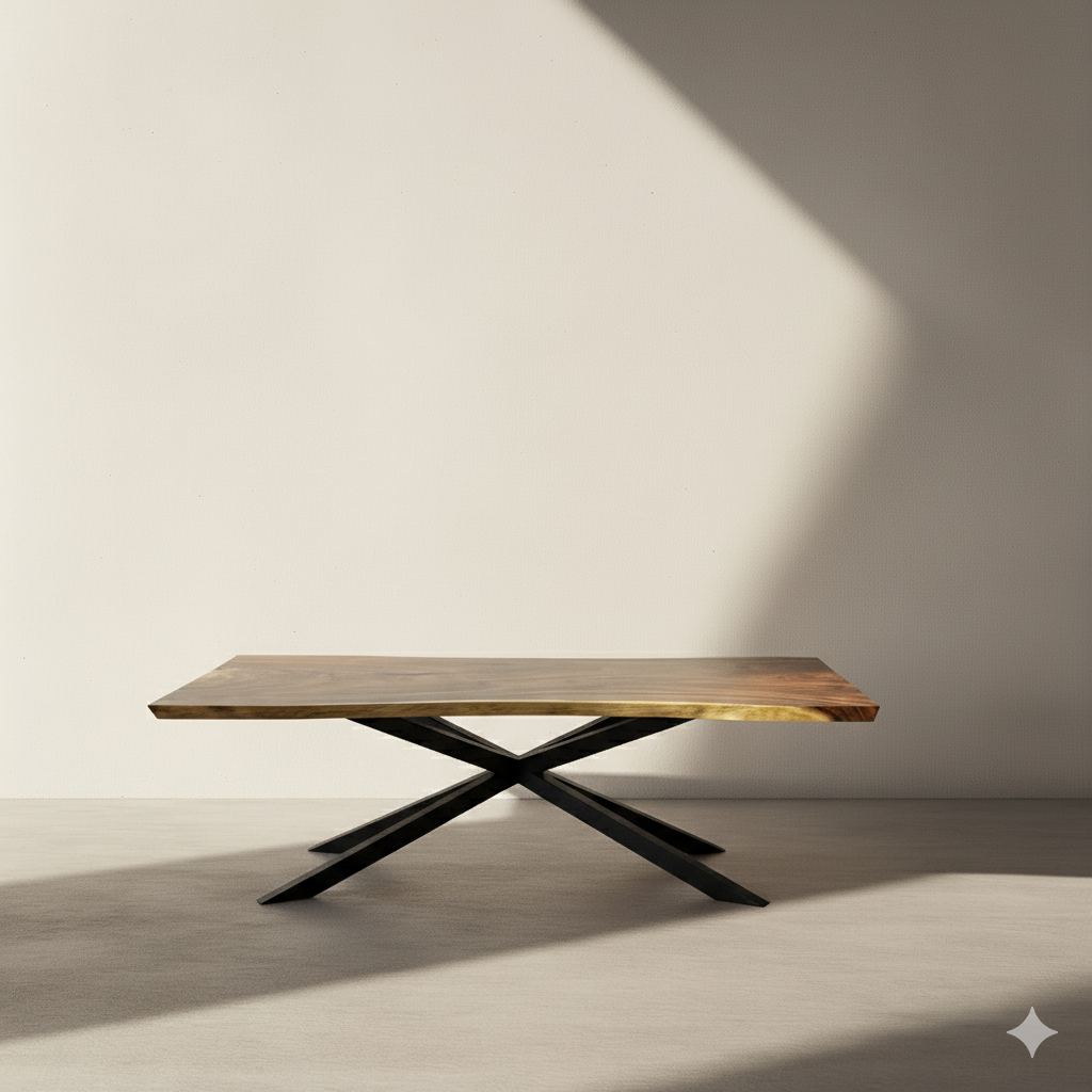 Wooden table with black metal legs on a neutral background