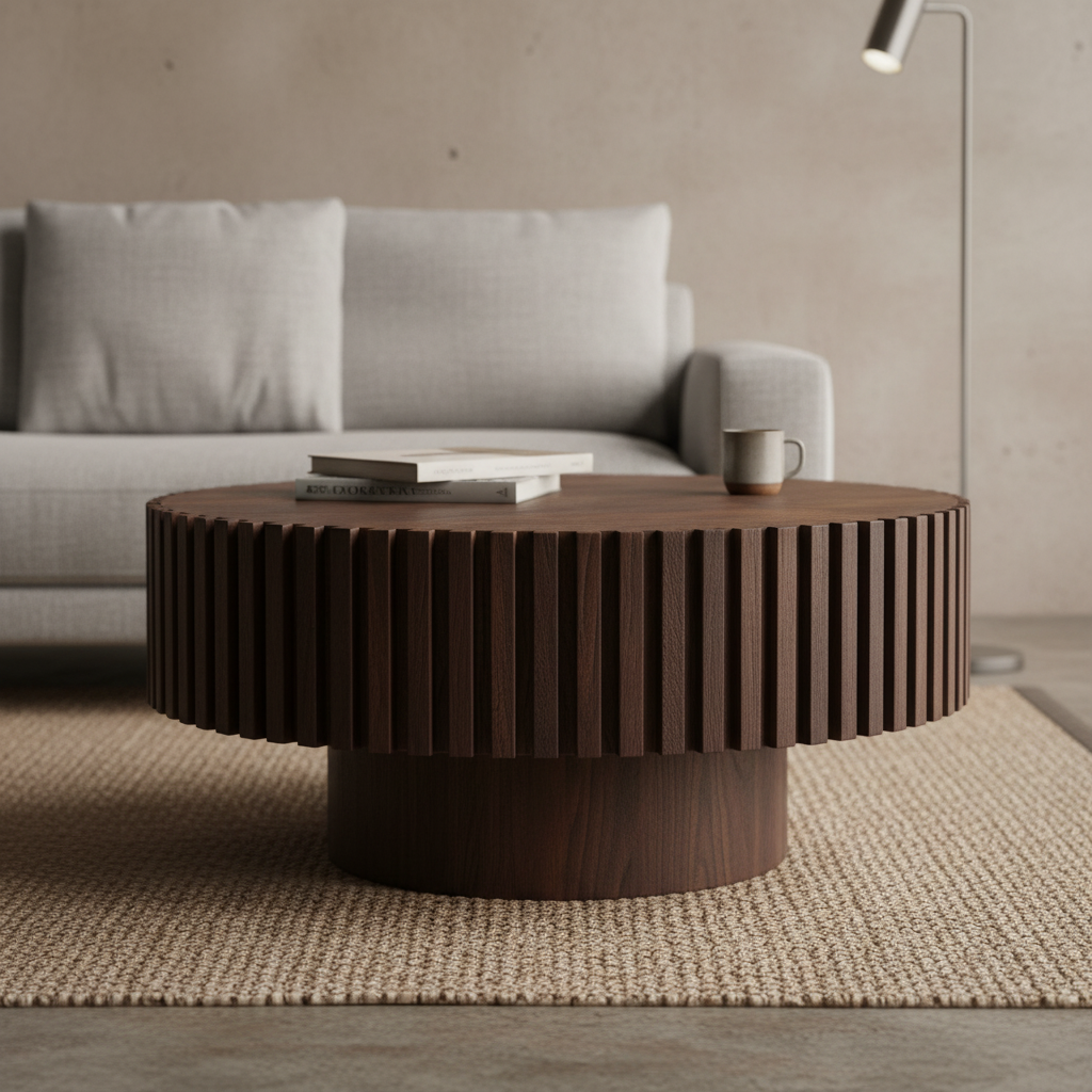 Acacia Studio Round Coffee Table — Inverse Fluted (Canyon Walnut)
