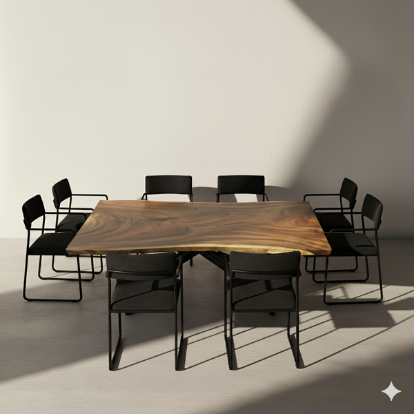 Wooden dining table with black chairs in a minimalistic setting