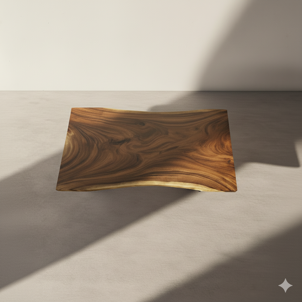 Wooden rectangular object on a beige surface with soft shadows