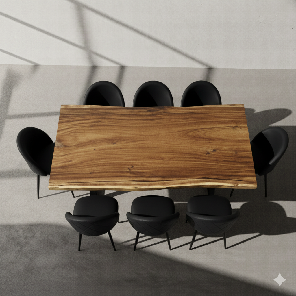 Wooden dining table with black chairs in a minimalistic setting