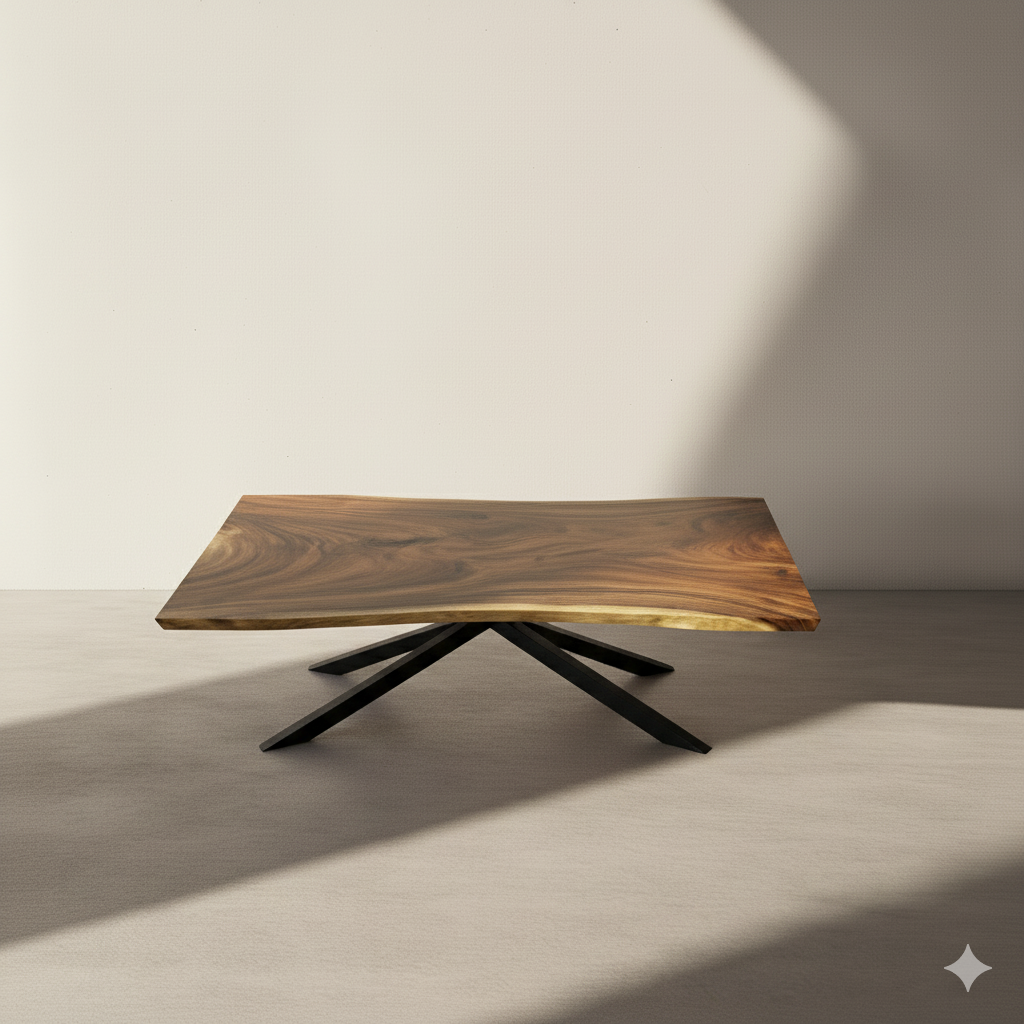Wooden Live Edge table with black metal legs on a neutral background