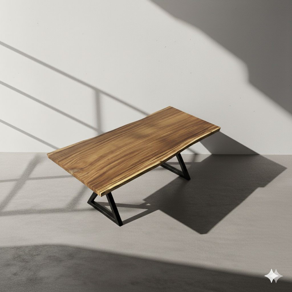Wooden table with black metal legs on a light gray floor