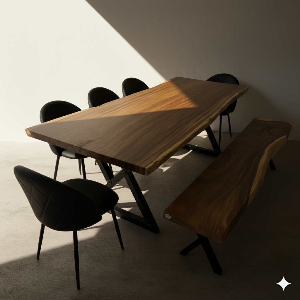 Wooden dining table with chairs and a bench in a minimalistic setting