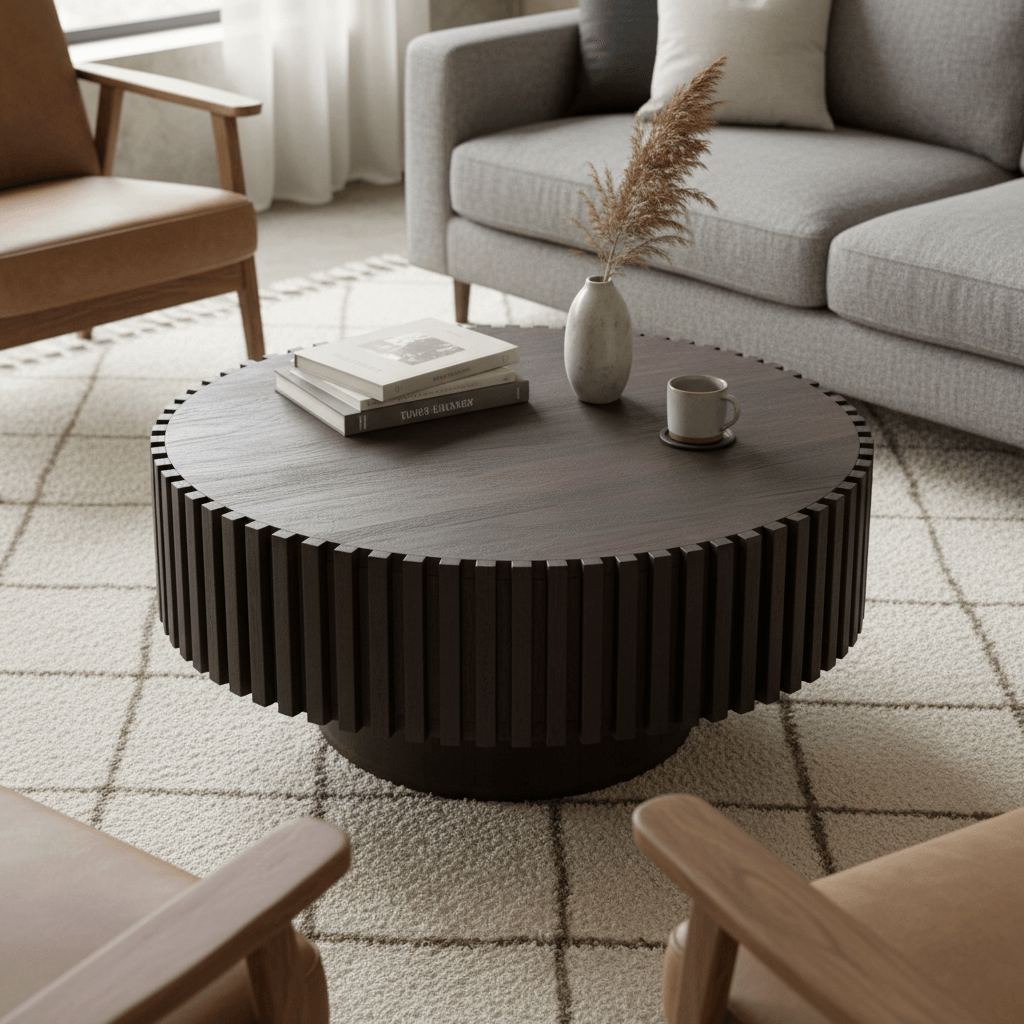 acacia solid wood round coffee table fluted round coffee table in black sand finish